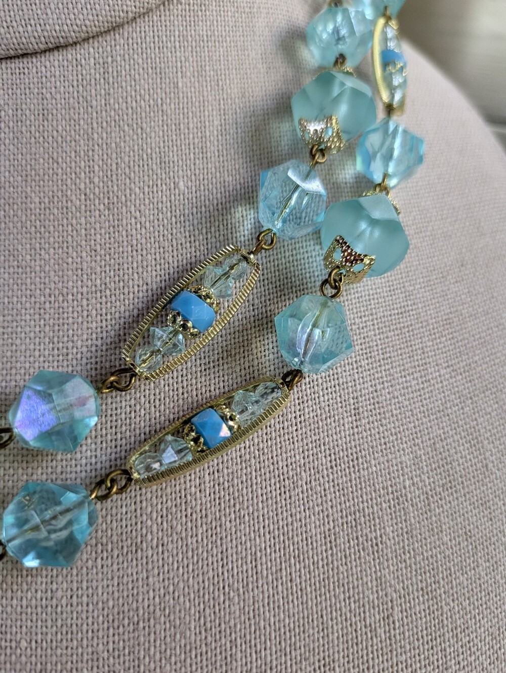 Vintage Made in Germany Aqua Blue Double Strand Lucite Necklace | Adjustable